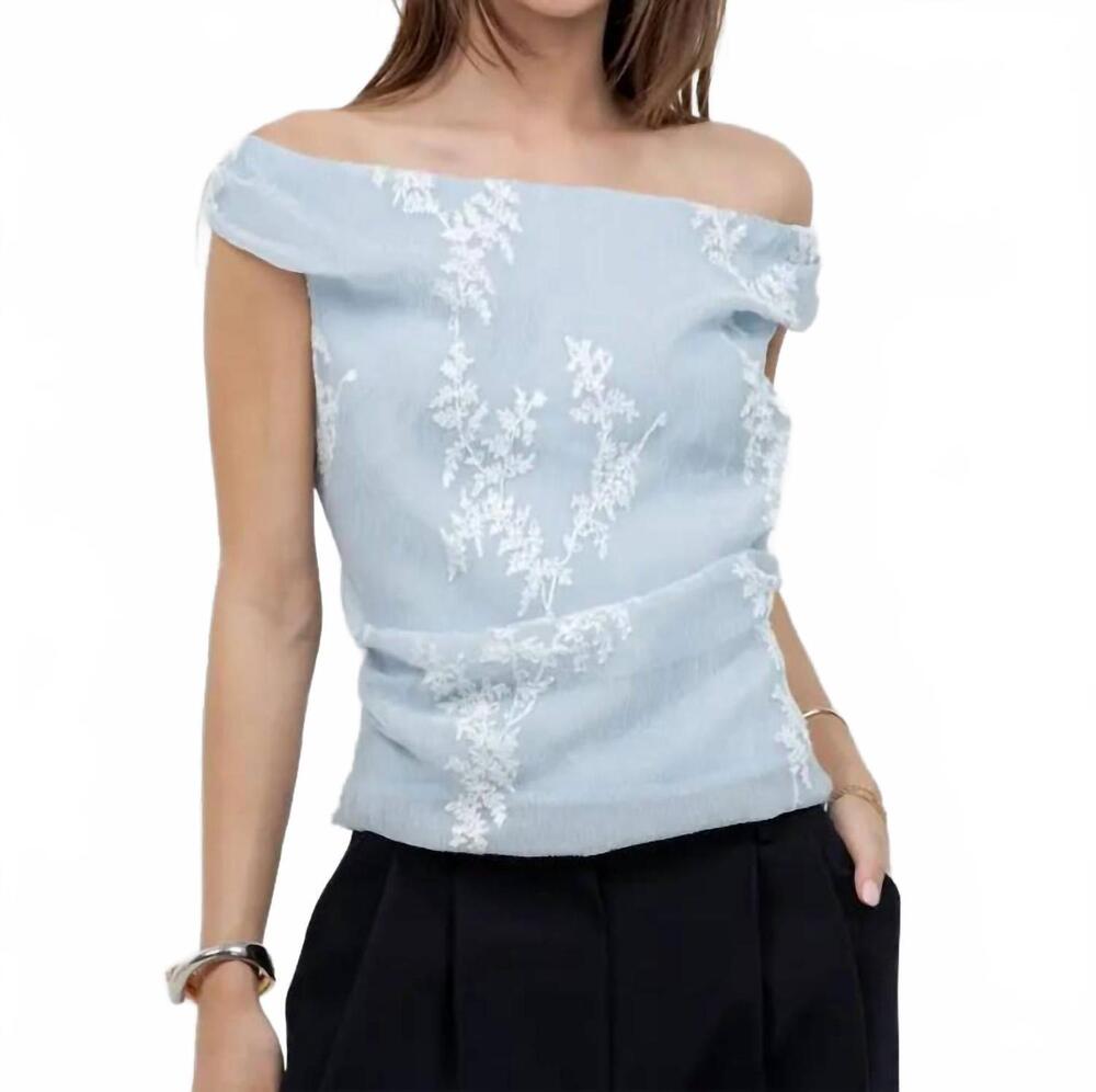 NEW WHITEROOM+CACTUS embroidered soft woven off shoulder blouse in light blue